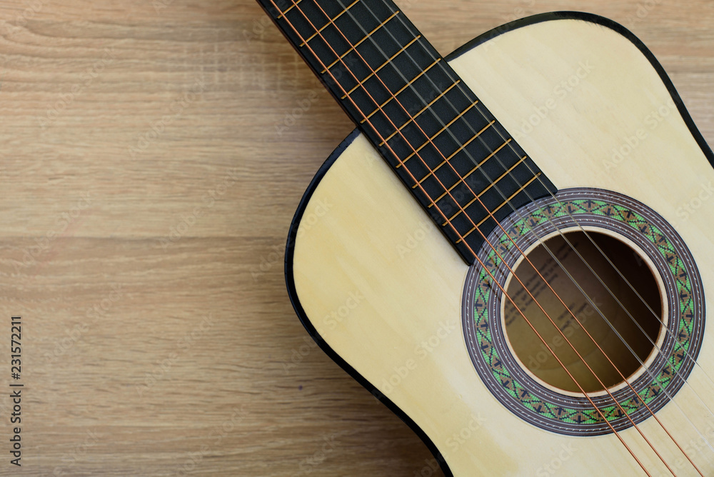 Classical guitar top view close-up