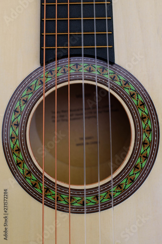 Obraz na plátně Sound hole of classical guitar. Close-up