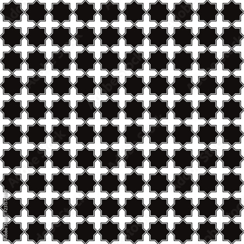 Abstract seamless geometric pattern based on stars. Black and white.  Vector background.