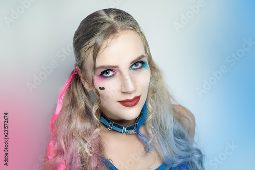 Sexy blonde girl blue pink make up
