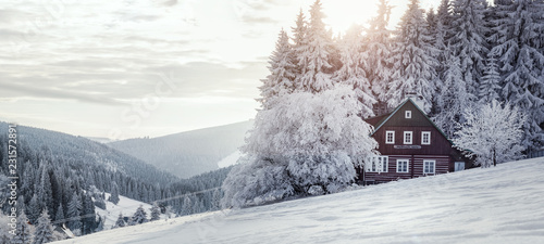 Schneelandschaft mit Hütte photo