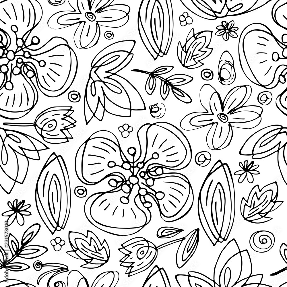 Black and white seamless floral pattern hand draw abstract flowers on white background