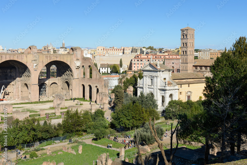 View of the Roman Forum and the city of Rome from Palatine Hill. The forum with its adjoining buildings is located in the center of ancient Rome. Temples, arches, basilicas and other buildings. 