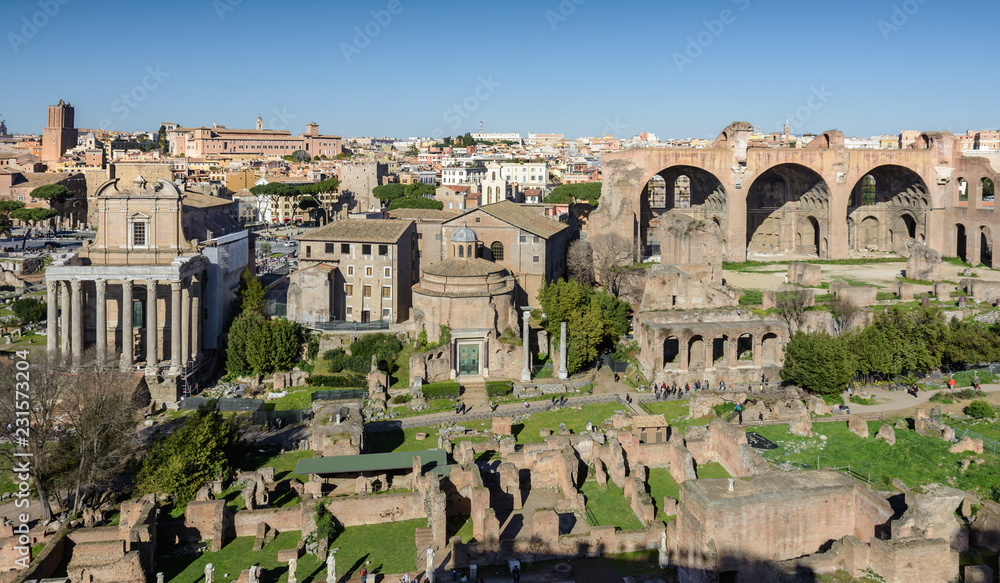 Obraz premium View of the Roman Forum and the city of Rome from Palatine Hill. The forum with its adjoining buildings is located in the center of ancient Rome. Temples, arches, basilicas and other buildings. 