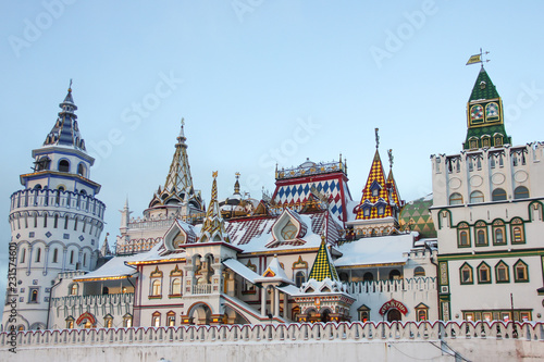 Towers of cultural entertainment complex Kremlin in Izmailovo in winter, one of the most popular landmarks of Moscow, Russia