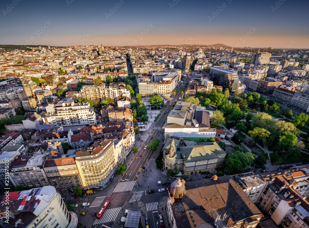 Belgrade Downtown, Kralja Milana, Slavia Square, Vracar, Avala Mountain, St Sava Temple aerial afternoon view