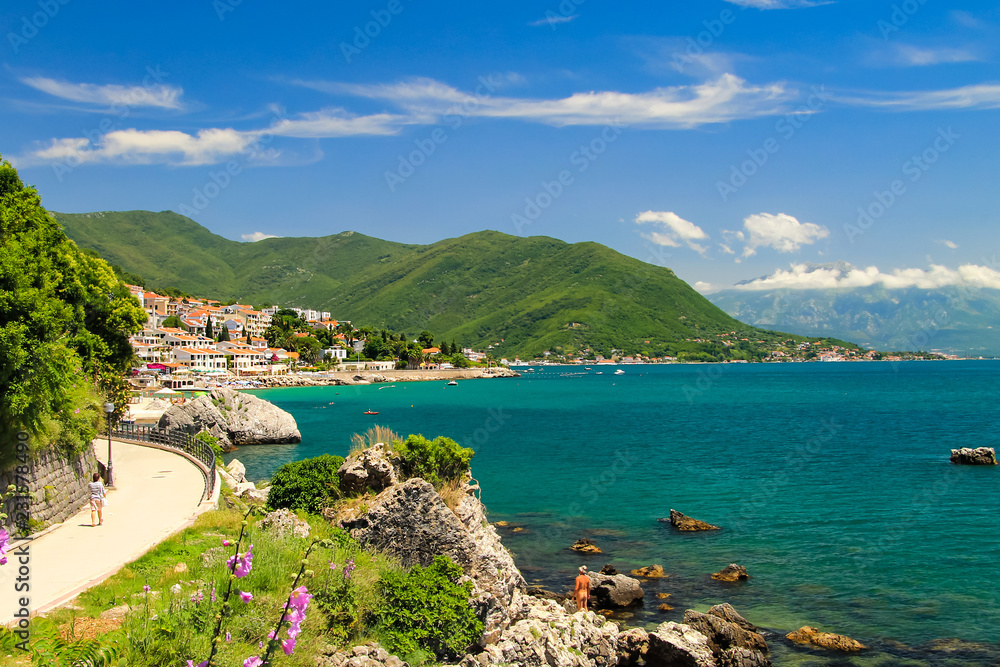 The picturesque city of Herceg Novi on the shore of the Kotor Bay of the Adriatic Sea, in the mountains of Montenegro