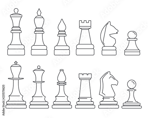 Chess piece icon set. Outline set of chess piece vector icons for web design isolated on white background