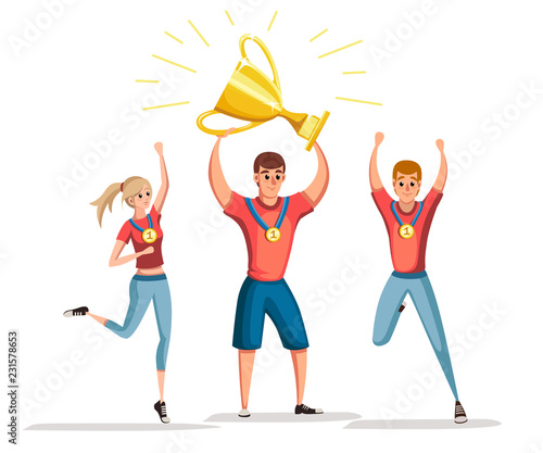 Sport team in red shirts winners. 1st place and trophy golden cup. Cartoon character design. Flat vector illustration isolated on white background