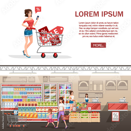 Woman is carrying a grocery cart with Sale banners. Girl in red shirt with smartphone. Cartoon character design. Flat vector illustration on supermarket background