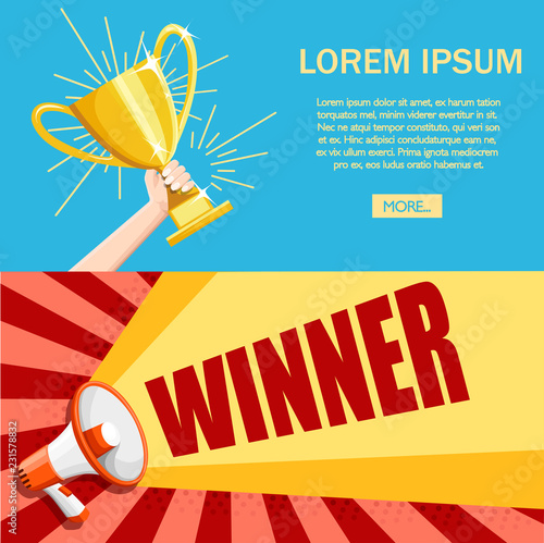 Hand holding golden cup. Speaker winner banner. Gold cup award. Flat vector illustration. Concept design. Website page and mobile app design
