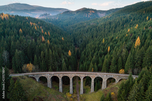 Chmarossky viaduct goes through pine forest near village Telgart, Slovakia