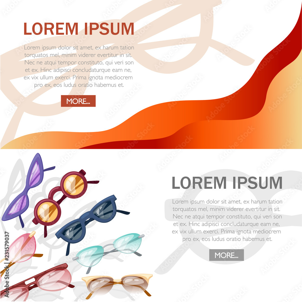 Abstract design concept with eyeglasses. Marketing flat illustration. Colorful eyeglasses on white background