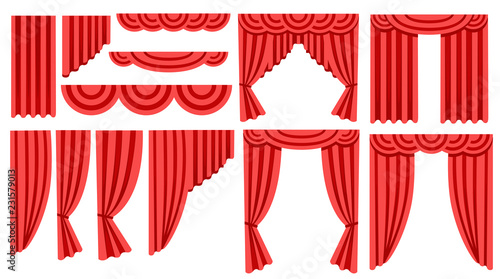 Collection of luxury red silk curtains and draperies. Interior decoration design. Flat icon. Vector illustration isolated on white background