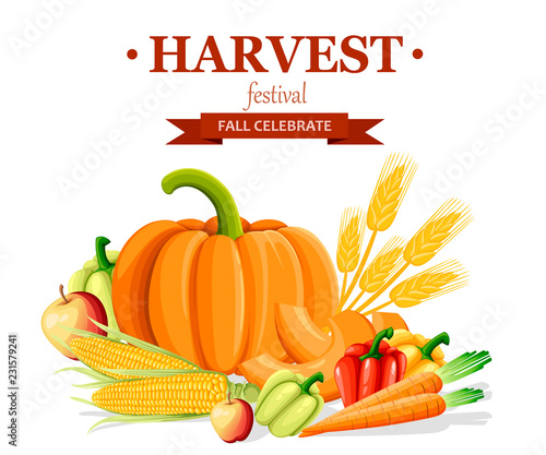 Harvest Festival banner. Fresh vegetables flat style design. Autumn poster design. Vector illustration on white background
