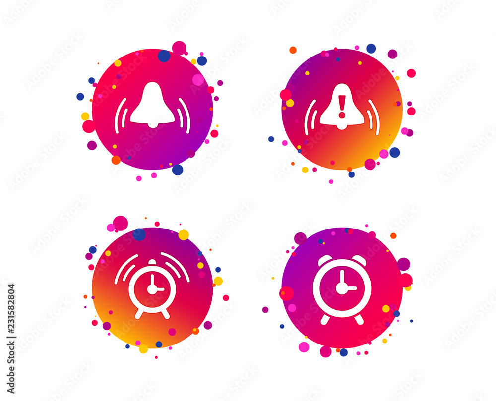 Alarm clock icons. Wake up bell signs symbols. Exclamation mark. Gradient circle buttons with icons. Random dots design. Alarm clock vector Alarm clock icons. Wake up bell signs symbols. Exclamation mark. Gradient circle buttons with icons. Random dots design. Alarm clock vector