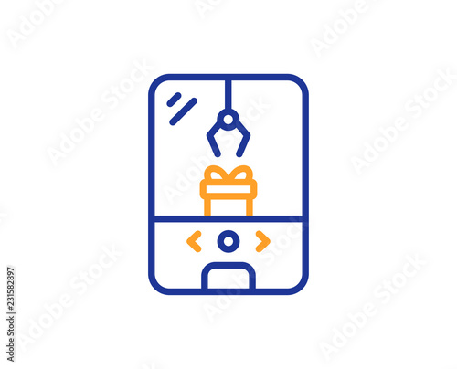 Crane claw machine line icon. Amusement park sign. Carousels symbol. Colorful outline concept. Blue and orange thin line color icon. Crane claw machine Vector