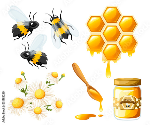 Honeycomb with honey drops. Sweet honey with flower and bees. Container for honey and spoon. Logo for shop or bakery. Flat vector illustration isolated on white background