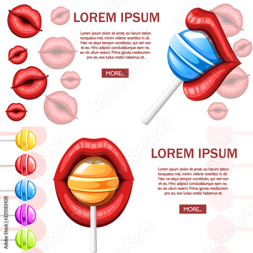 Sexy red lips with candy. Red female glossy lips and blue orange lollipop. Colored icon. Flat vector illustration on white background. Banner design. Website page and mobile app design