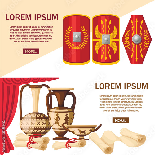 Shields of Roman Legionary. Red scutum with yellow decoration pattern. Ancient scrolls and jugs. Flat vector illustration on white background. History concept, Roman culture. Website page design