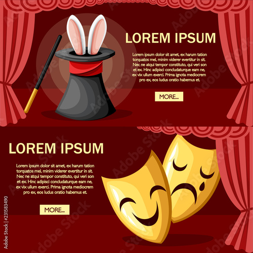 Big black magic hat with rabbit ears. Red curtains on stage. Magic wand. Flat vector illustration on red background