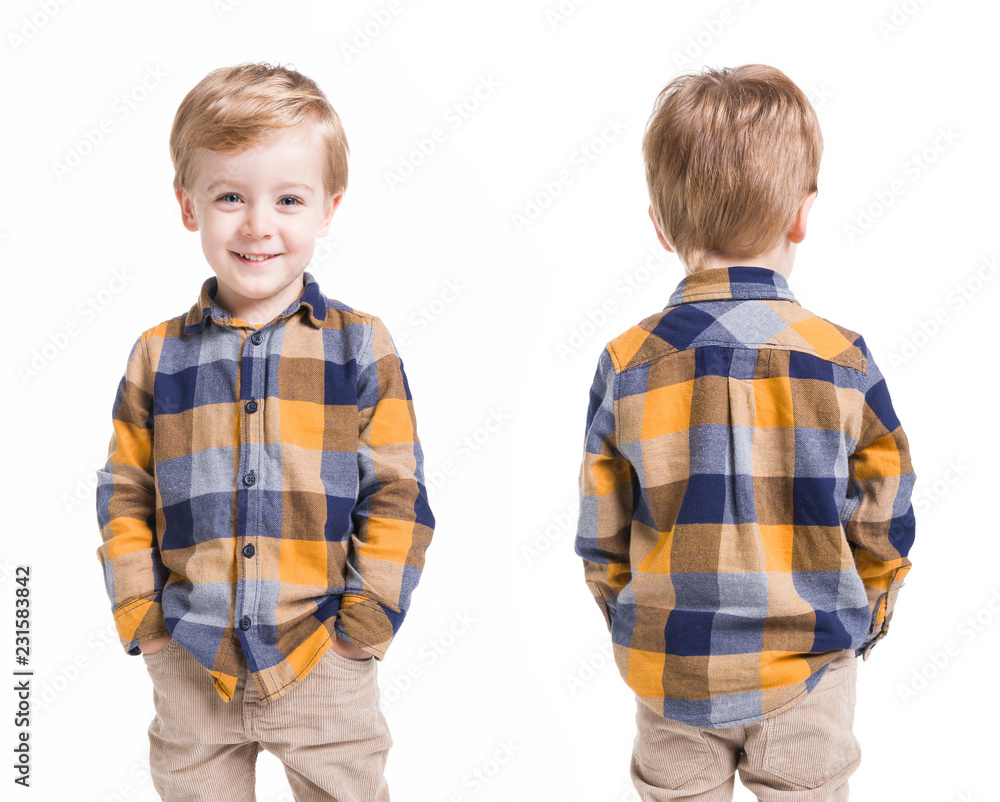 Little boy in shirt on a white background, front and back Little boy in shirt on a white background, front and back