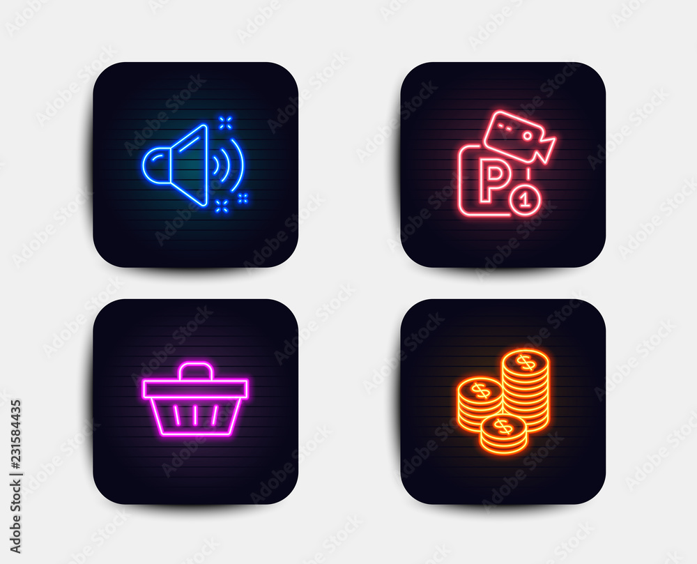 Neon glow lights. Set of Shopping basket, Loud sound and Parking security icons. Coins sign. Sale offer, Music, Video camera. Cash money. Neon icons. Glowing light banners. Music vector Neon glow lights. Set of Shopping basket, Loud sound and Parking security icons. Coins sign. Sale offer, Music, Video camera. Cash money. Neon icons. Glowing light banners. Music vector