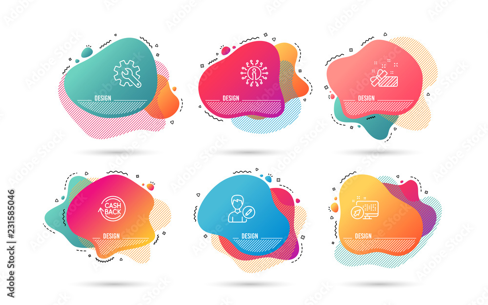 Dynamic liquid shapes. Set of Present, Cashback and Customisation icons. Edit person sign. Gift, Refund commission, Settings. Change user info.  Gradient banners. Fluid abstract shapes. Vector