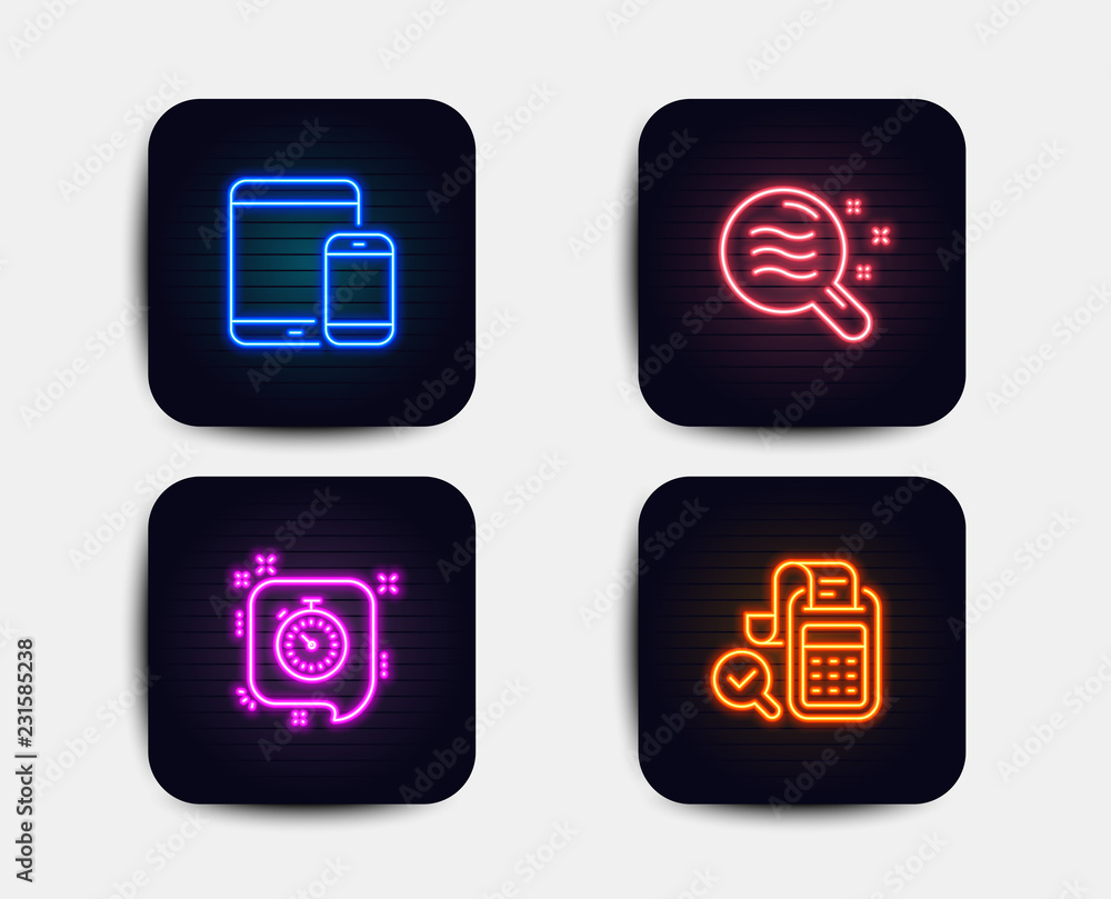 Neon glow lights. Set of Skin condition, Mobile devices and Timer icons. Bill accounting sign. Search magnifier, Smartphone with tablet, Time management. Audit report. Neon icons. Vector Neon glow lights. Set of Skin condition, Mobile devices and Timer icons. Bill accounting sign. Search magnifier, Smartphone with tablet, Time management. Audit report. Neon icons. Vector