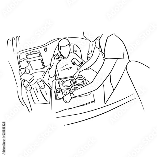 man eating food in business class travel vector illustration sketch doodle hand drawn with black lines isolated on white background