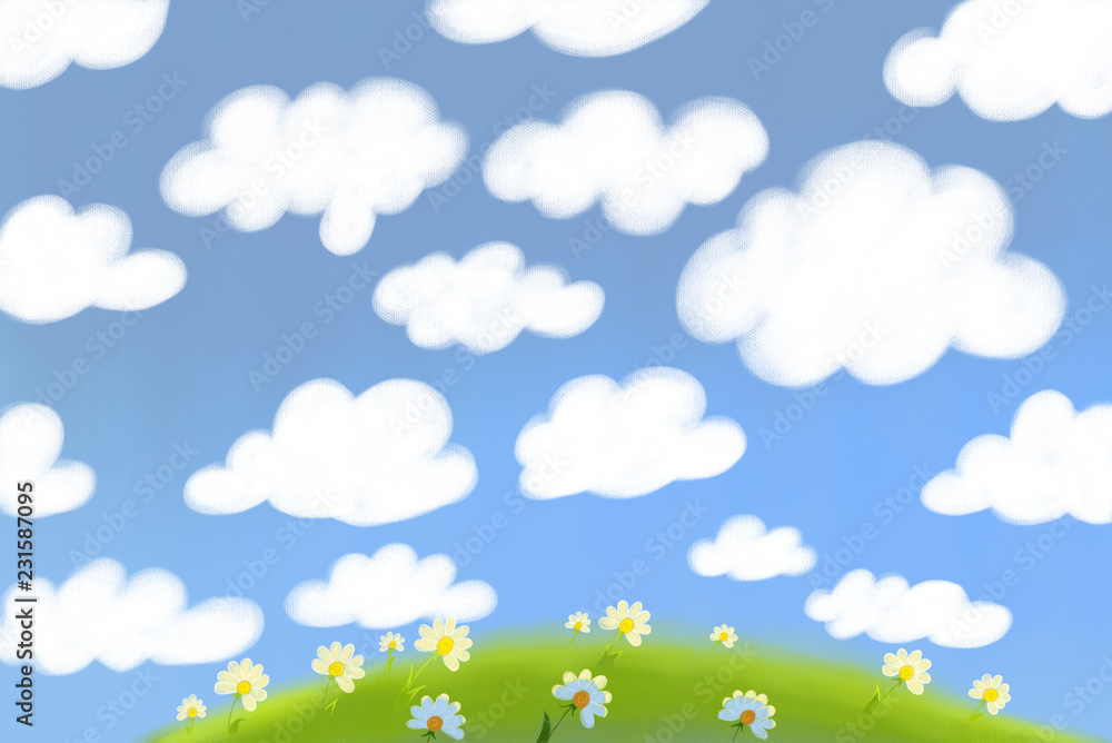 Spring or summer landscape background with clouds, flowers, and green meadow. cartoon Spring or summer landscape background with clouds, flowers, and green meadow. cartoon