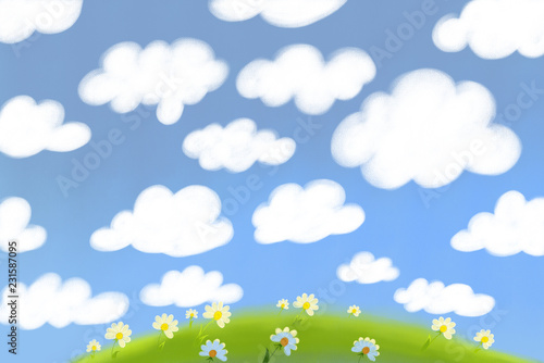 Spring or summer landscape background with clouds  flowers  and green meadow. cartoon