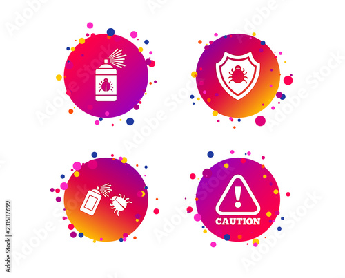 Bug disinfection icons. Caution attention and shield symbols. Insect fumigation spray sign. Gradient circle buttons with icons. Random dots design. Vector