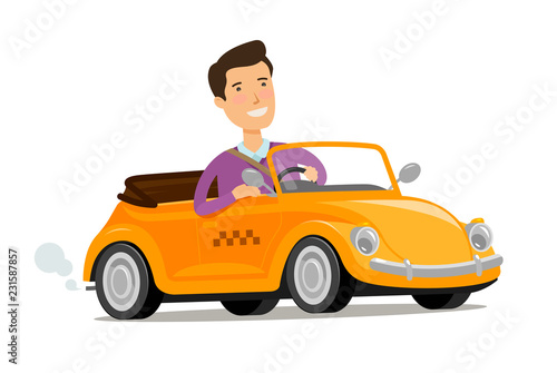 Man driving a car. Taxi service concept. Cartoon vector illustration