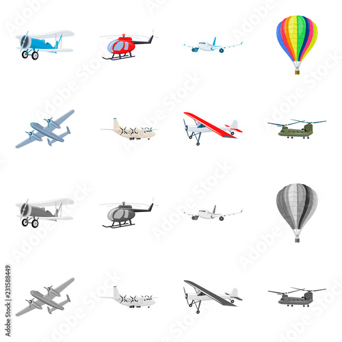 Isolated object of plane and transport icon. Set of plane and sky stock vector illustration.