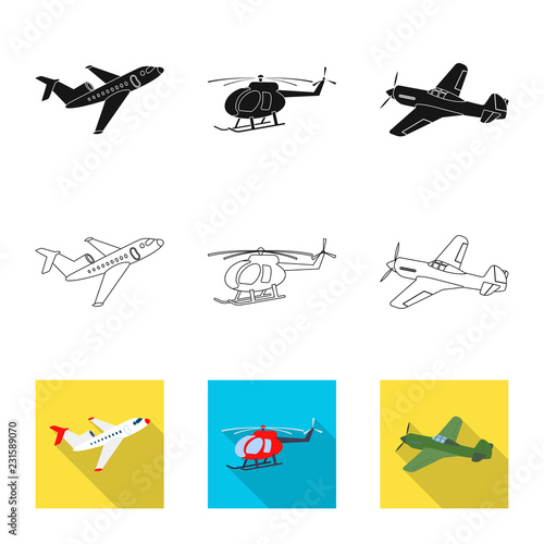 Vector design of plane and transport sign. Set of plane and sky stock symbol for web.