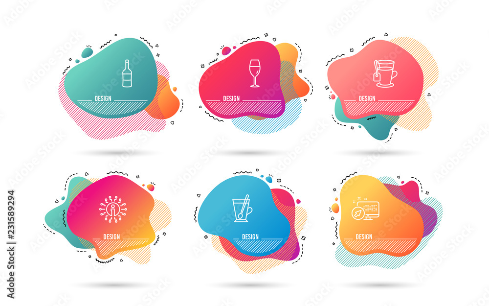 Timeline shapes. Set of Tea, Wineglass and Tea mug icons. Wine sign. Glass mug, Burgundy glass, Cup with teaspoon. Merlot bottle. Gradient banners. Fluid abstract shapes. Timeline vector Timeline shapes. Set of Tea, Wineglass and Tea mug icons. Wine sign. Glass mug, Burgundy glass, Cup with teaspoon. Merlot bottle. Gradient banners. Fluid abstract shapes. Timeline vector