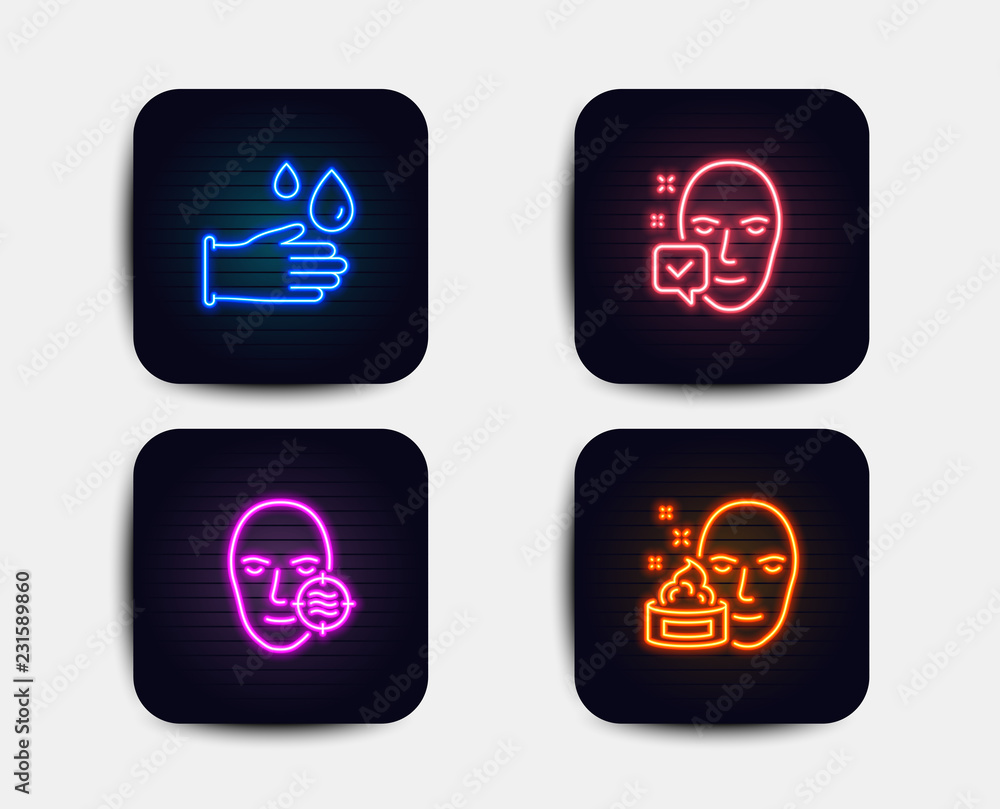 Neon set of Face accepted, Problem skin and Rubber gloves icons. Face cream sign. Access granted, Facial care, Hygiene equipment. Gel. Neon icons. Glowing light banners. Skin cream vector