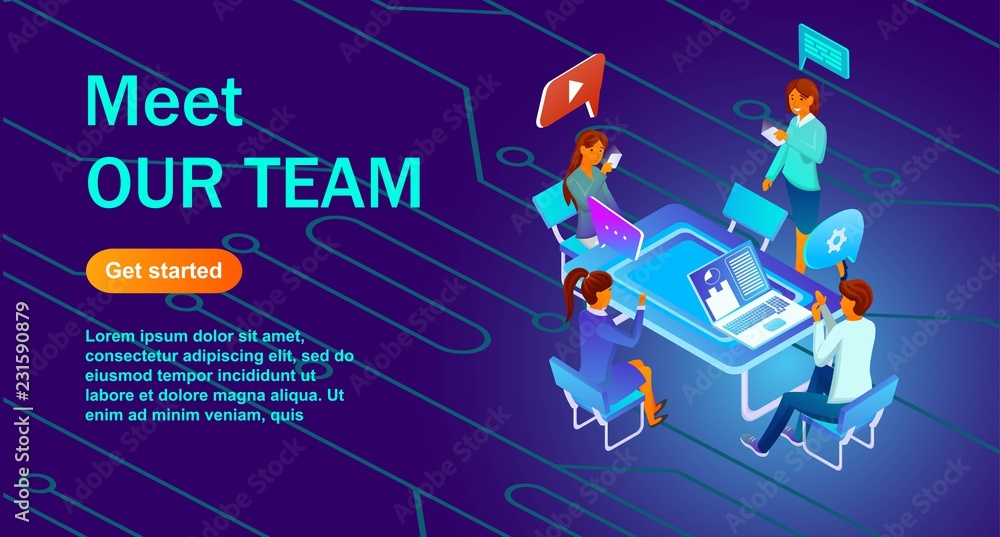 Isometric illustration of a meet Our Team. Made with gradients of red orange and blue shades. Background for sites, banners, posters. People discuss the project with icons above their heads Isometric illustration of a meet Our Team. Made with gradients of red orange and blue shades. Background for sites, banners, posters. People discuss the project with icons above their heads