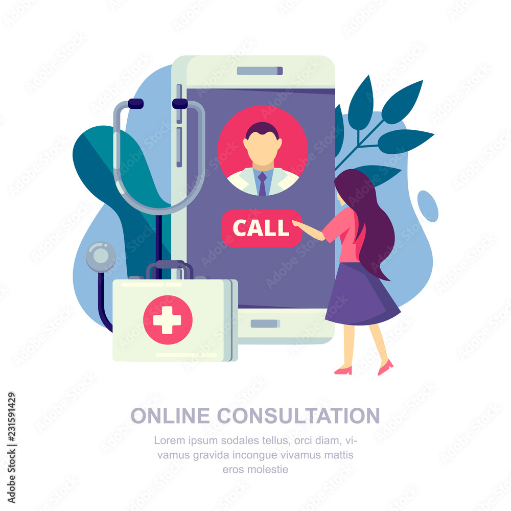 Online medical consultation, mobile app concept. Patient calls a doctor. Vector flat illustration Online medical consultation, mobile app concept. Patient calls a doctor. Vector flat illustration