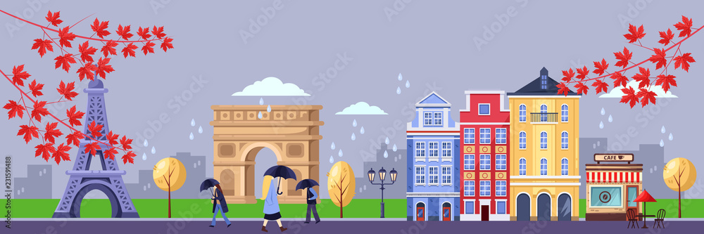 Fall in Paris. Vector illustration of cityscape, Eiffel tower, Triumphal Arch, old buildings. Autumn travel to France