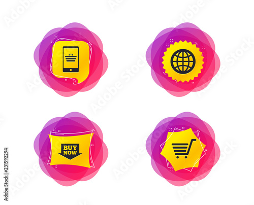 Online shopping icons. Smartphone, shopping cart, buy now arrow and internet signs. WWW globe symbol. Geometric gradient sales shapes. Creative banners. Template for design. Vector