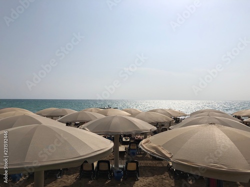 big umbrellas with a view of a horizon line over the sea, sky. bright sunny summer day. holiday vacation on beach. copyspace
