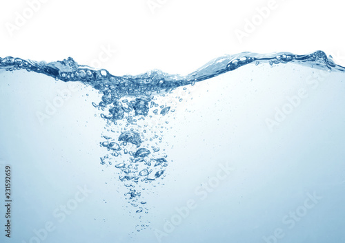 blue water with splash and air bubbles isolated on white background