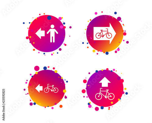 Pedestrian road icon. Bicycle path trail sign. Cycle path. Arrow symbol. Gradient circle buttons with icons. Random dots design. Vector