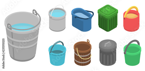 Bucket icon set. Isometric set of bucket vector icons for web design isolated on white background