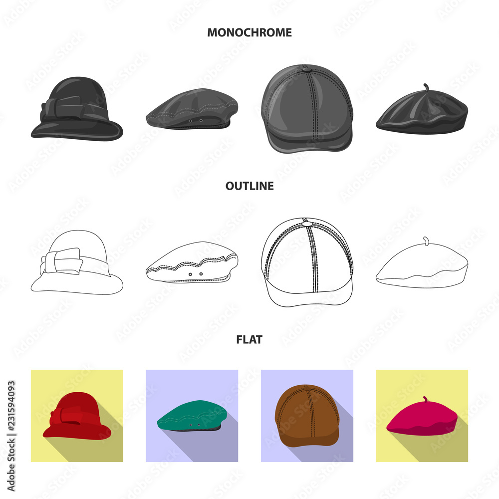 Vector illustration of headgear and cap symbol. Collection of headgear and accessory stock vector illustration. Vector illustration of headgear and cap symbol. Collection of headgear and accessory stock vector illustration.