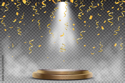 Round podium, pedestal or platform illuminated by spotlights on white background. Stage with scenic lights. Vector illustration.