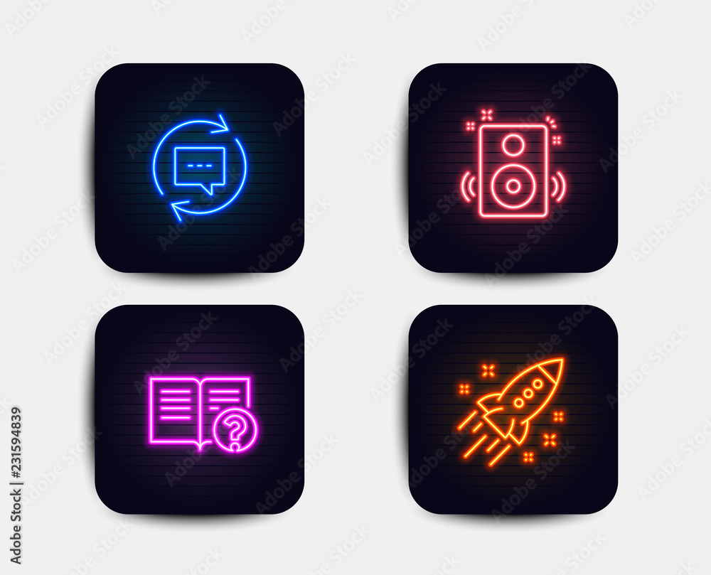 Neon glow lights. Set of Update comments, Speakers and Help icons. Startup rocket sign. Chat speech bubble, Sound, Documentation. Business innovation. Neon icons. Glowing light banners. Vector Neon glow lights. Set of Update comments, Speakers and Help icons. Startup rocket sign. Chat speech bubble, Sound, Documentation. Business innovation. Neon icons. Glowing light banners. Vector