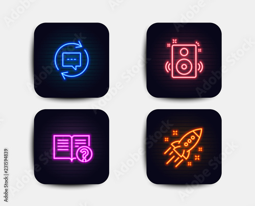 Neon glow lights. Set of Update comments, Speakers and Help icons. Startup rocket sign. Chat speech bubble, Sound, Documentation. Business innovation. Neon icons. Glowing light banners. Vector